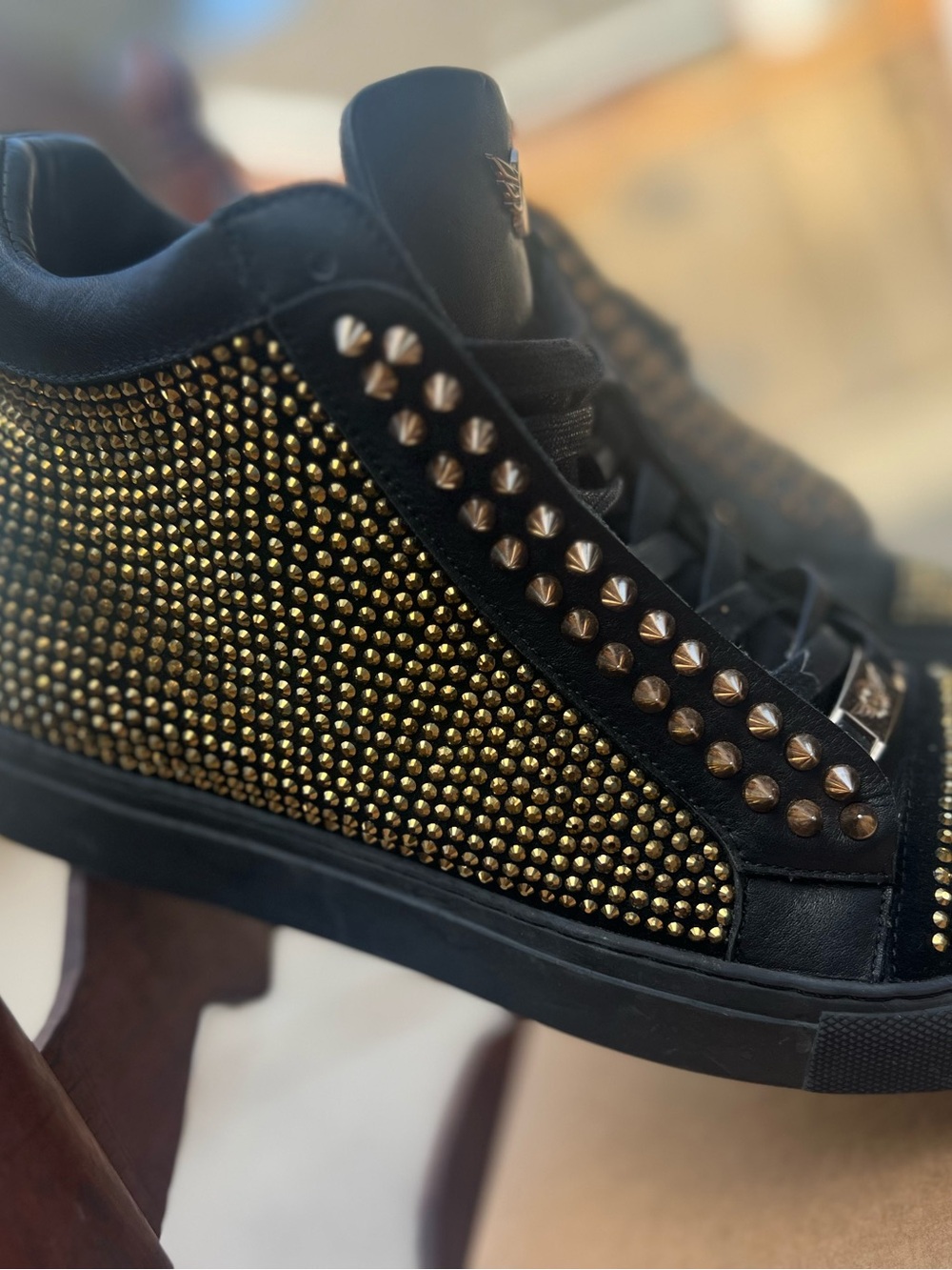 Ferrari Massari Men’s Mid-Top Spiked Sneaker Black Gold Leather - Picture 5 of 10